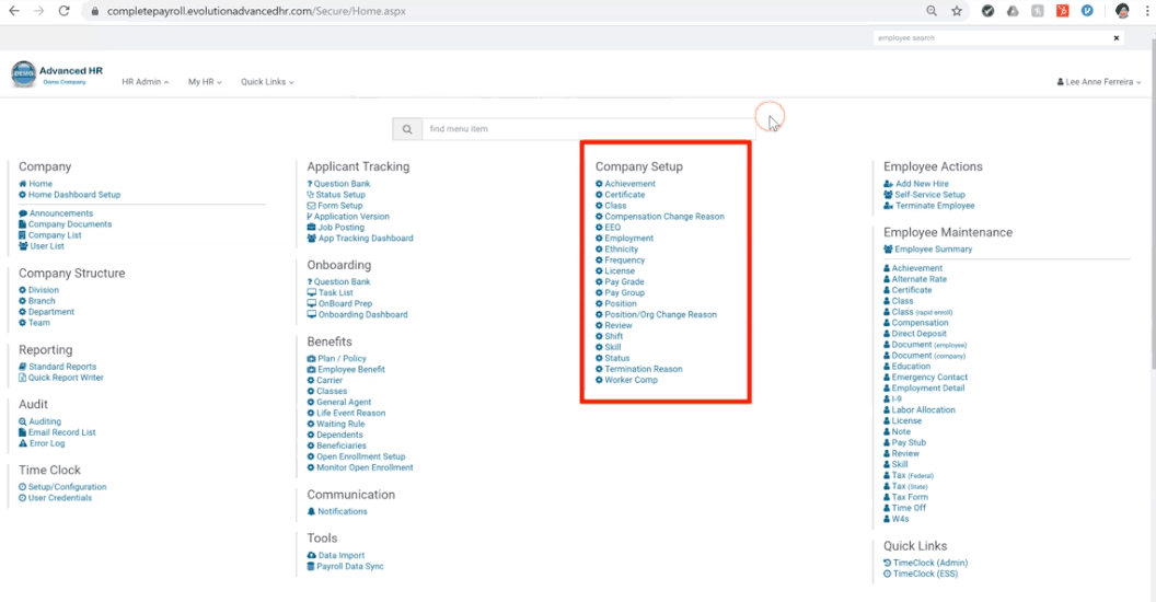 Company Setup feature in Advanced HR