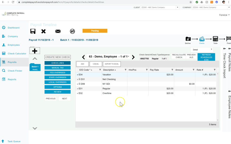 Detailed check view in Evolution Payroll