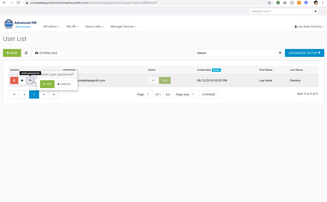 How to reset an employee's password in Advanced HR