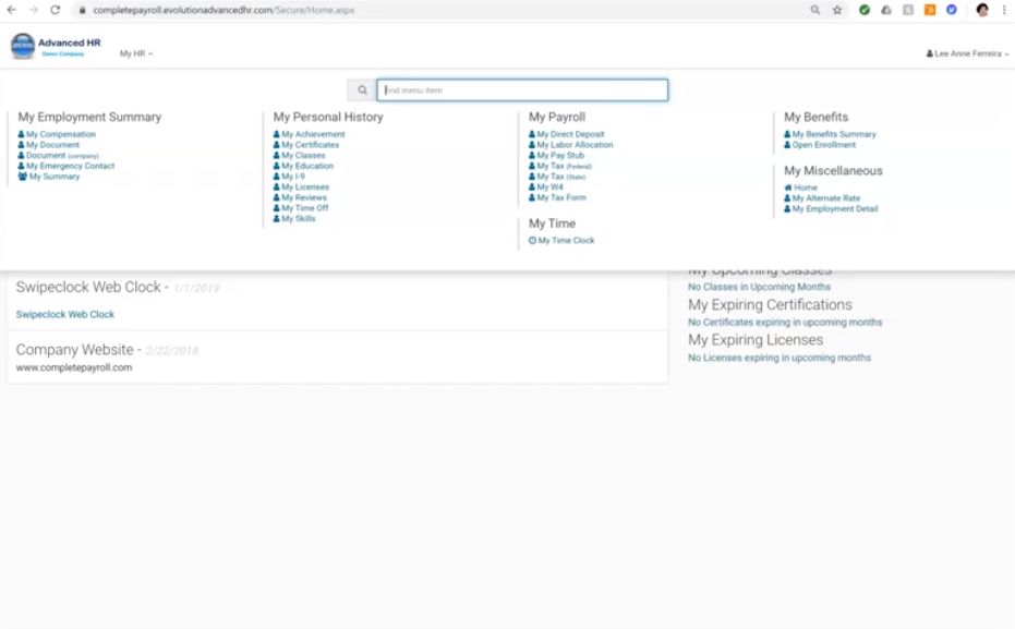 The employee self service portal in Advanced HR