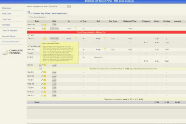 Employee Self-Service Time Card Details in TimeWorks Plus
